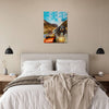 Pet portrait canvas on wall above bed