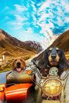 Custom pet portrait with dogs on a motorcycle adventure