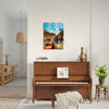 Pet portrait canvas on wall above piano
